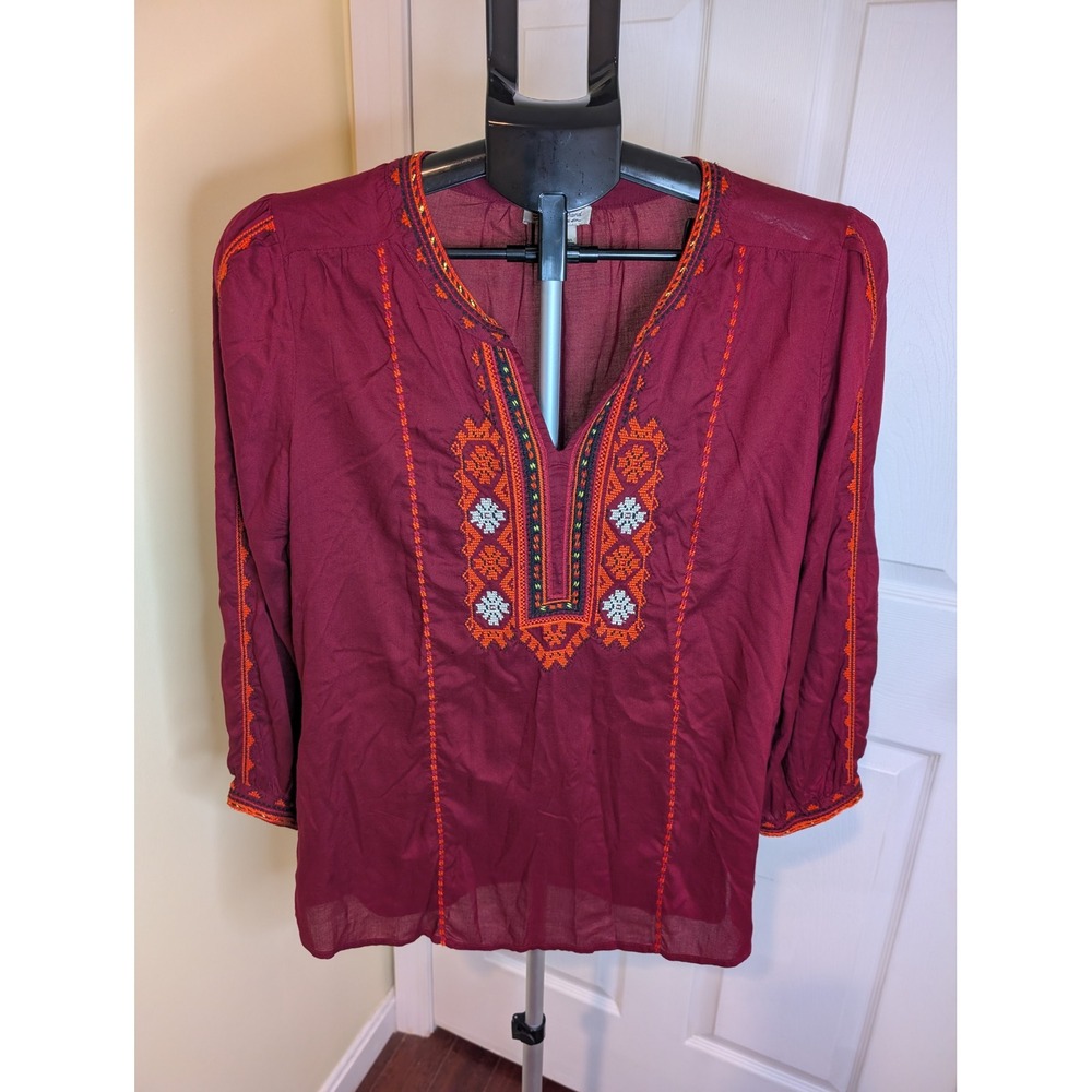 Lucky‎ Brand Notch Neck Peasant Blouse Womens M Burgundy Embroidered 3/4 Sleeve